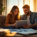 Un couple assis dans un salon cosy compare des devis d'assurance habitation sur un ordinateur portable, avec des papiers sur la table et une lumière chaude, expressions concentrées.