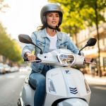 Jeune femme conduisant un scooter 50cc en ville par une journée ensoleillée