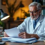 Un médecin libéral dans son bureau examine une revue annuelle de documents de prévoyance, mutuelle et retraite, avec des feuilles et dossiers bien rangés sur le bureau.