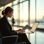 Une femme indépendante assise dans un aéroport, utilisant un ordinateur portable et consultant des documents de mission dans une ambiance professionnelle sobre.