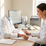 Un professionnel de santé dans un cabinet lumineux et rassurant, consultant des dossiers sur un bureau avec un ordinateur et du matériel médical.