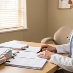 Dans un bureau de cabinet soigné, un professionnel de santé range des documents médicaux et financiers sur un bureau lumineux, ambiance rassurante et atmosphère claire.