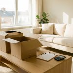 Appartement lumineux en cours d’emménagement avec cartons ouverts, mobilier minimaliste, presse-papiers vierge et ambiance chaleureuse.