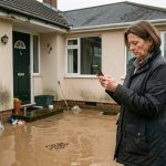 Une propriétaire photographie les dégâts causés par une crue autour de sa maison individuelle partiellement inondée.
