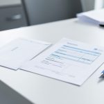 Enveloppe blanche posée à côté de formulaires de santé vierges et d’un stylo bleu sur un bureau.