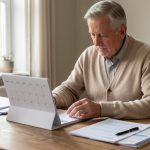 Un homme âgé consulte un calendrier vierge et des documents de mutuelle santé sur une table en bois, dans une ambiance sobre et réaliste.
