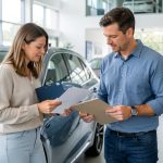 Un couple examine des documents vierges et un dossier de financement près d’une voiture moderne dans une concession automobile lumineuse.