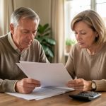 Un homme et une femme examinent un dossier de prêt et une calculatrice posés sur une table, avec une maison familiale en arrière-plan.