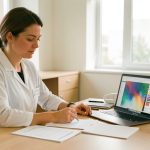 Professionnelle de santé préparant son budget d’installation dans un cabinet lumineux, avec des documents et un ordinateur sur un bureau.