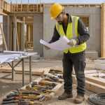 Artisan du bâtiment portant un casque jaune et des équipements de sécurité, consultant des plans sur un chantier bien organisé.