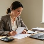 Femme indépendante travaillant à un bureau sobre avec des documents comptables vierges et une calculatrice, dans une ambiance de conseil financier.