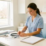 Une professionnelle de santé prépare son cabinet libéral lumineux en organisant un stéthoscope, des instruments médicaux et des dossiers vierges sur un bureau.