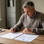 Un propriétaire examine deux documents financiers vierges sur une table en bois, dans une ambiance sobre et réaliste.